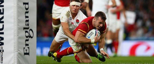 Gareth Davies scores for Wales against England in the World Cup