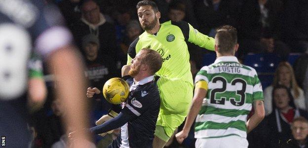 Celtic keeper Craig Gordon challenges County striker Liam Boyce