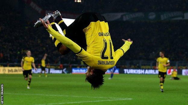 Pierre-Emerick Aubameyang celebrates scoring for Borussia Dortmund against Ingolstadt