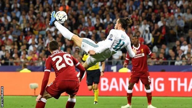 Gareth Bale scores against Liverpool in the 2018 Champions League final