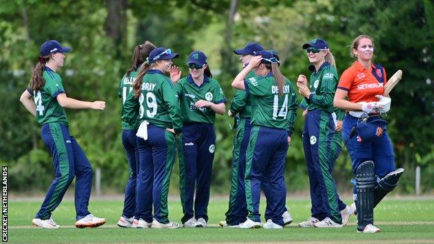 Ireland celebrate a Netherlands wicket