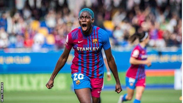 Nigeria striker Asisat Oshoala celebrates a goal for Barcelona