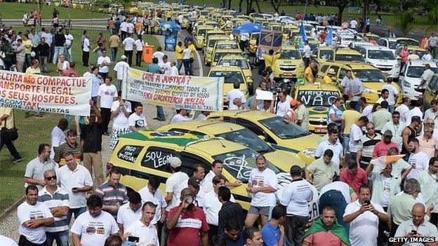 Taxi drivers in Rio de Janiero protest against Uber in July