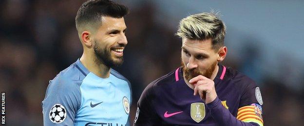 Sergio Aguero of Manchester City and Lionel Messi of Barcelona