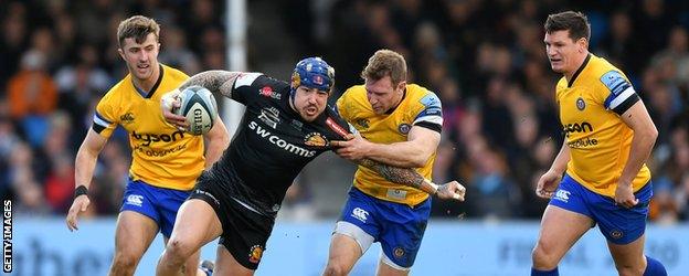 Exeter Chiefs' Jack Nowell is tackled