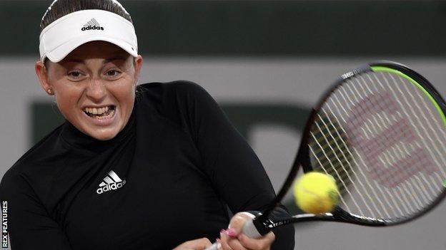 Jelena Ostapenko in action during her victory over Karolina Pliskova