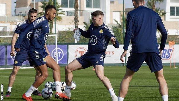 Jacob Brown training with his new Scotland squad mates in Spain
