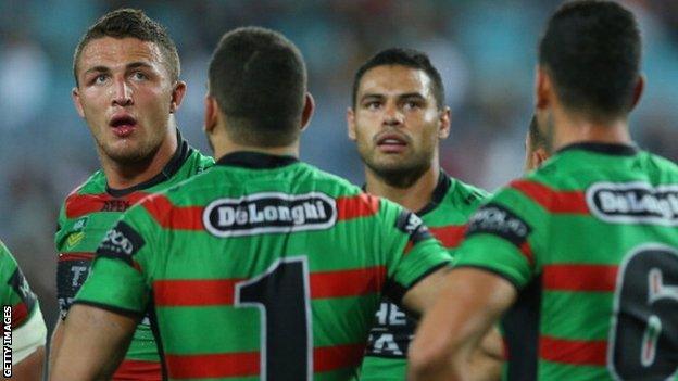 Ben Te'o was in the same team as Sam Burgess (left) when the South Sydney Rabbitohs won the NRL Grand Final down under in 2014