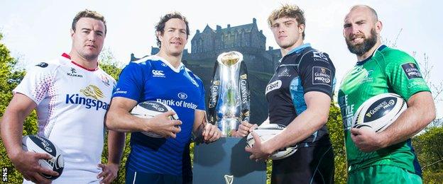 Ulster's Rob Herring (left) joins Leinster's Mike McCarthy (2nd from left), Glasgow Warriors' Jonny Gray (2nd from right) and Connacht's John Muldoon as they look ahead to the Guinness Pro12 Final at the BT Murrayfield Stadium