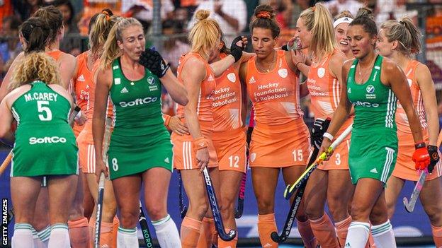 The Dutch celebrate one of their goals against Ireland