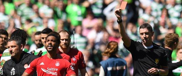 Shay Logan is sent off by referee Craig Thompson