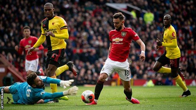Bruno Fernandes was brought down in the area by Watford keeper Ben Foster with the score at 0-0