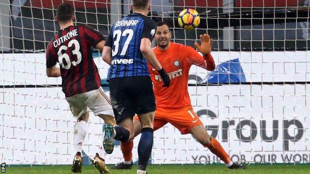 Patrick Cutrone scores the only goal of the game at the San Siro