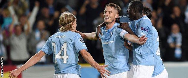 Markus Rosenberg celebrates after scoring against Salzburg in last season's Champions League play-off second leg