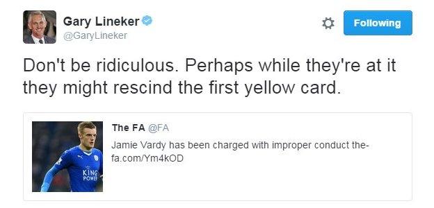 Gary Lineker not impressed by Jamie Vardy decision by the FA