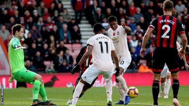 Marcus Rashford bundled home the winner in second-half stoppage time to earn United all three points