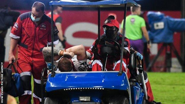 Dragons back row Ross Moriarty was taken off on a stretcher against Sharks