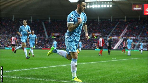 Marko Arnautovic celebrates scoring for Stoke City against Sunderland