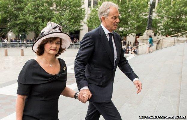 Cherie Blair and Tony Blair attend the service to commemorate the tenth anniversary