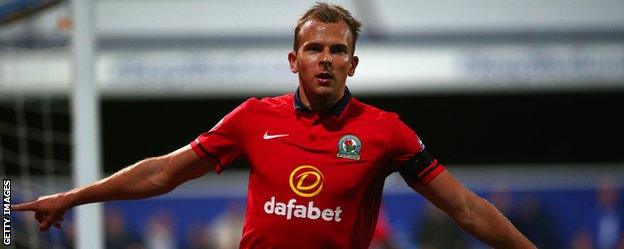 Jordan Rhodes celebrates scoring for Blackburn Rovers