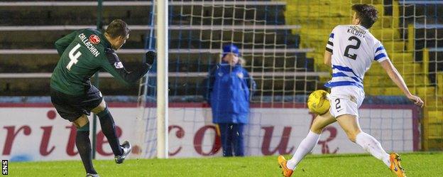 Raith Rovers' Ross Callachan's shot takes a deflection on its way to goal