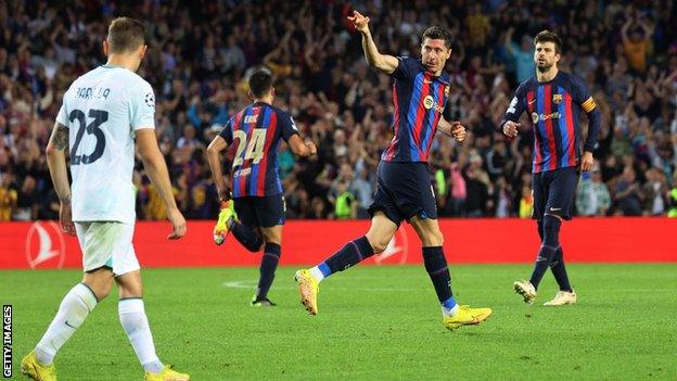 Barcelona's Robert Lewandowski celebrates scoring against Inter Milan in the Champions League