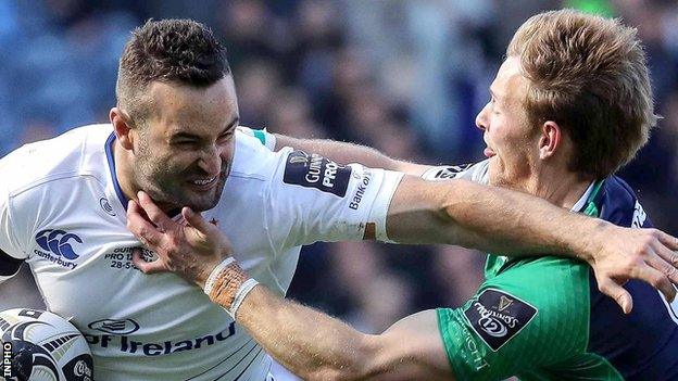 Leinster's Rob Kearney is challenged by Kieran Marmion of Connacht