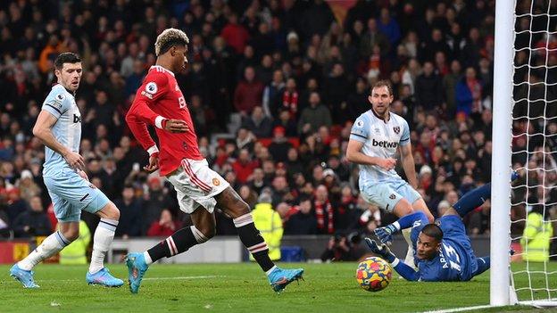 Marcus Rashford scores against West Ham