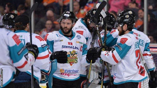 Belfast players celebrate after Sunday's win in Sheffield