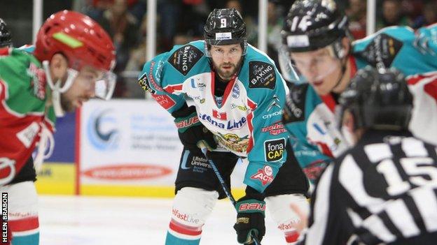 Belfast Giants pair Jim Vandermeer and Michael Forney prepare for action against the Cardiff Devils