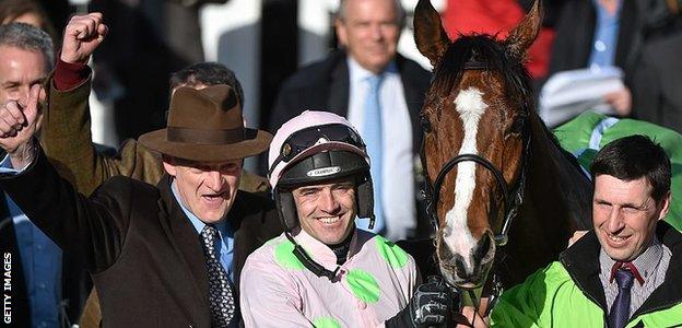 Willie Mullins celebrates Faugheen's Champion Hurdle success in 2015