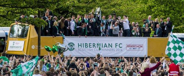 Hibernian players celebrate with the Scottish Cup in Edinburgh