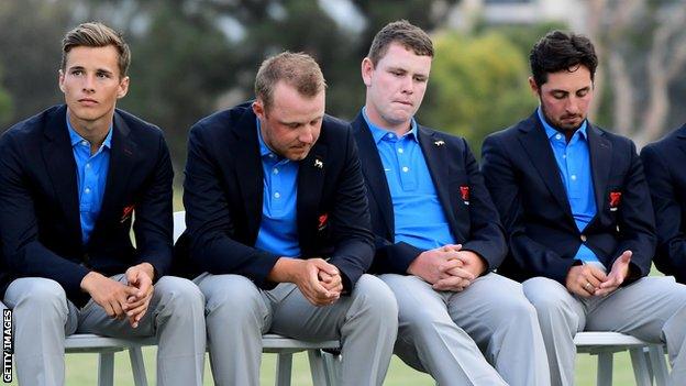 Dejected looking GB players at the closing ceremony of the Walker Cup