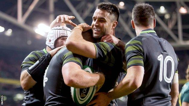 Ireland scrum-half Conor Murray congratulates first-half try-scorer Andrew Conway