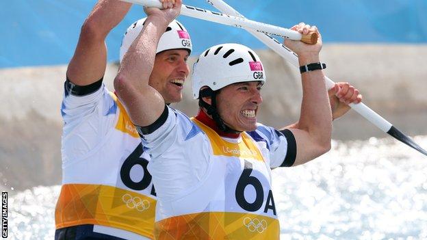 David Florence and Richard Hounslow celebrate winning silver at London 2012