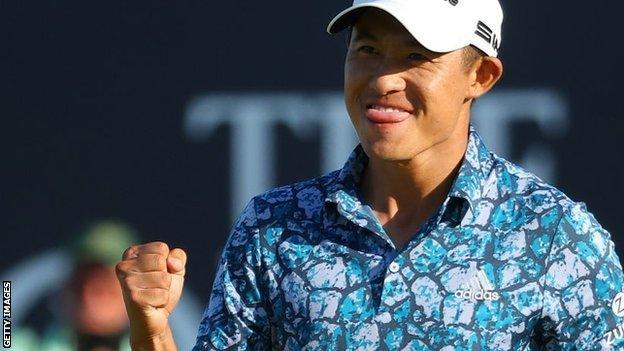 Collin Morikawa celebrates winning the 2021 Open Championshp