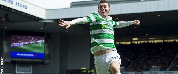 Callum McGregor celebrates his goal at Ibrox last weekend