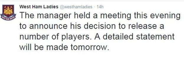 Tweet from West Ham Ladies