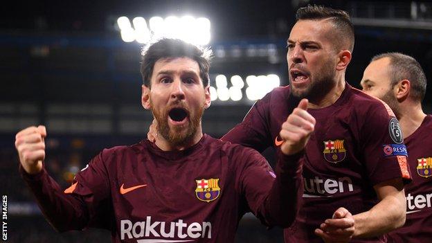 Lionel Messi celebrates scoring for Barcelona against Chelsea