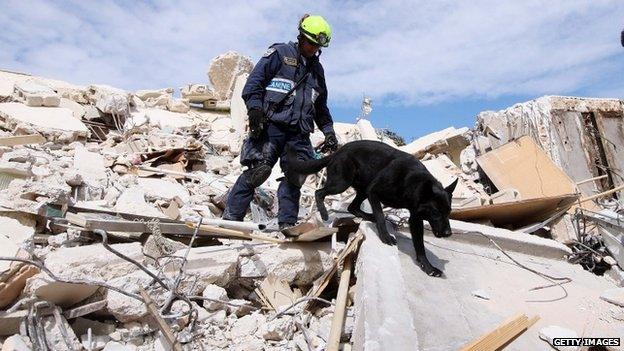 A US rescuer and search dog look through rubble in the wreckage