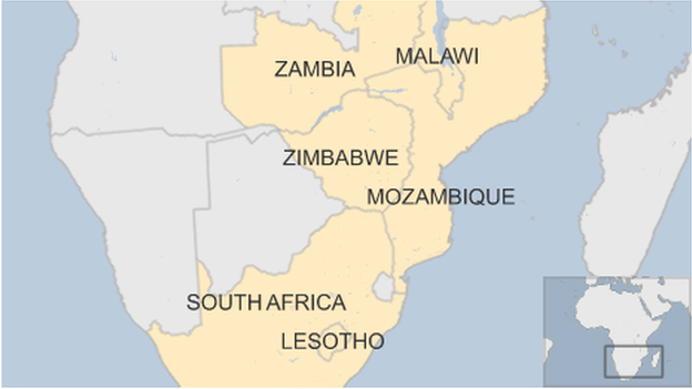 A map showing several countries in southern Africa hit by drought