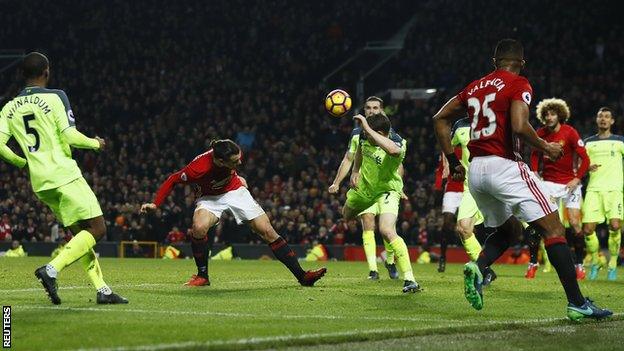 Zlatan Ibrahimovic scores Manchester United's equaliser against Liverpool