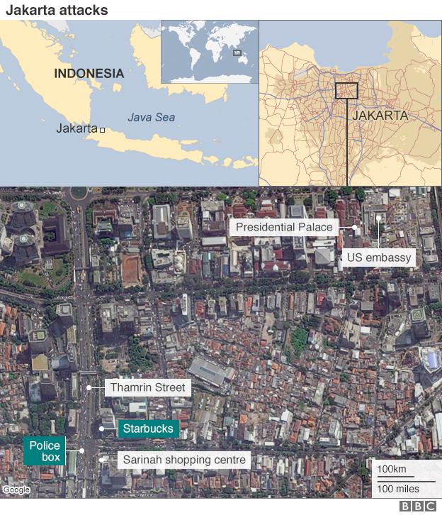 A map showing the location of attack sites in the Indonesian capital Jakarta