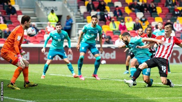 Marcus Forss scores Brentford's third goal to beat Bournemouth