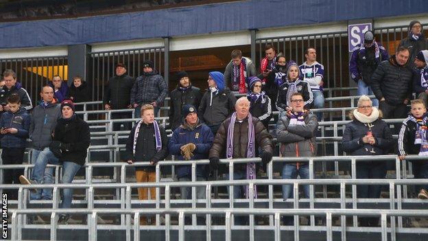 Anderlecht fans on the safe standing terraces at the stadium during the UEFA Europa League match between Anderlecht and Olympiakos FC at Constant Vanden Stock Stadium