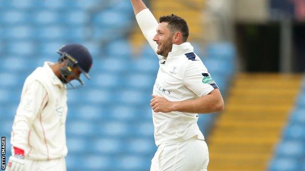 Yorkshire's former England paceman Tim Bresnan celebrates after sending Haseeb Hameed back to the pavilion at Headingley