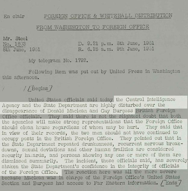 An excerpt from a telegram from Washington to the Foreign Office saying they were "highly disturbed" by the disappearance of Burgess and Maclean