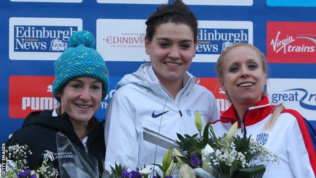 Kate Avery (centre) took silver at last month's European Cross Country when McCormack was fourth