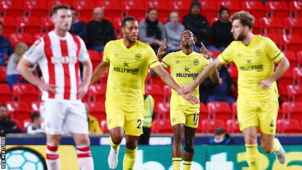 Ivan Toney celebrates scoring for Brentford against Stoke in the Carabao Cup