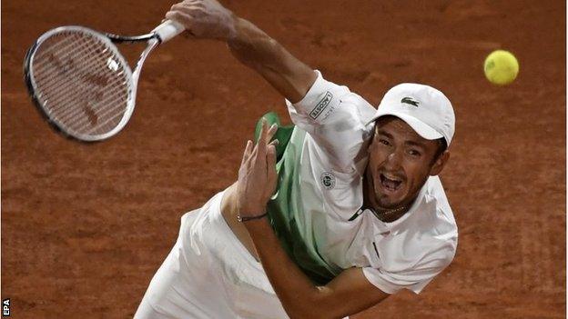 Daniil Medvedev serves against Marton Fucsovics at the French Open